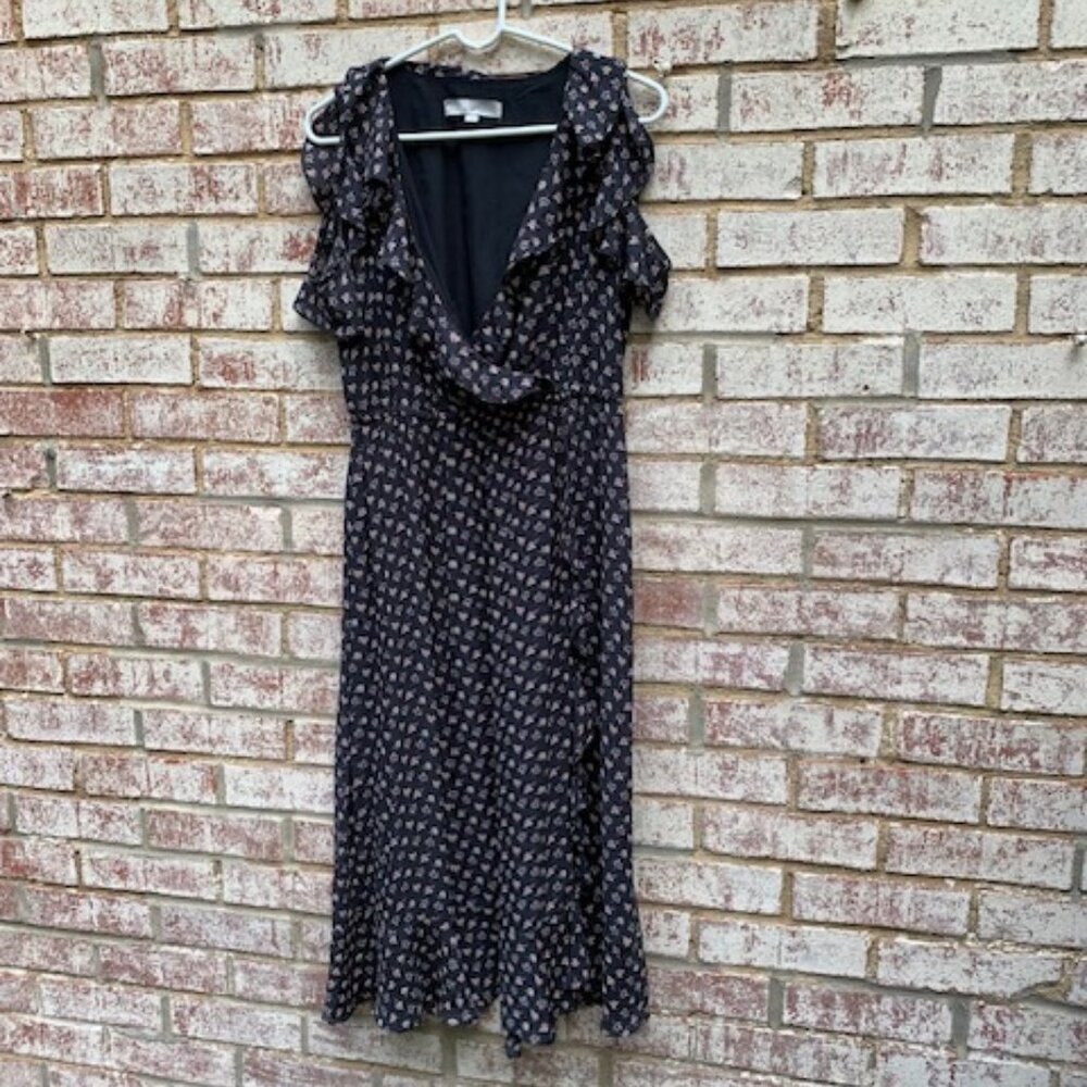 LOFT floral ruffle faux wrap cold shoulder ruffle midi dress size medium - Picture 3 of 14